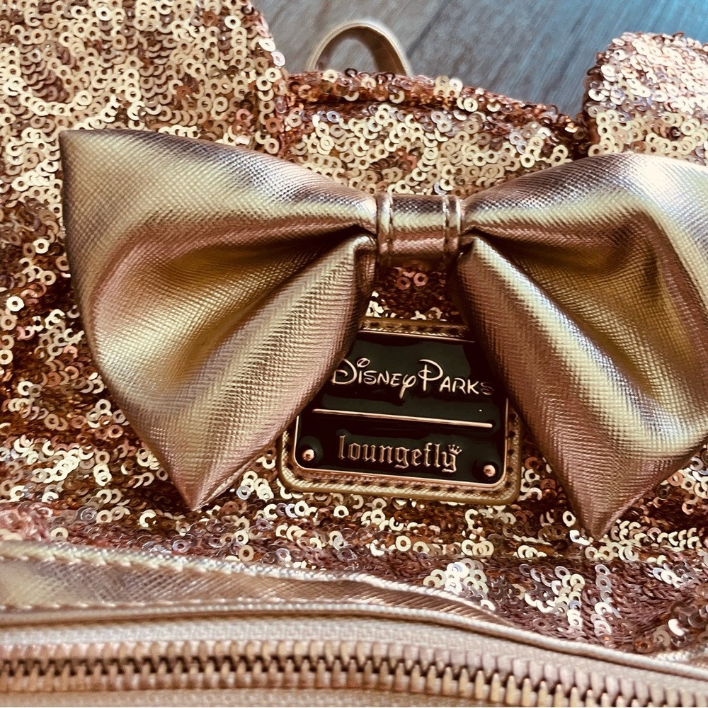 Loungefly Disney Parks Minnie Mouse Rose Gold Sequined Mini Backpack - Picture 6 of 11